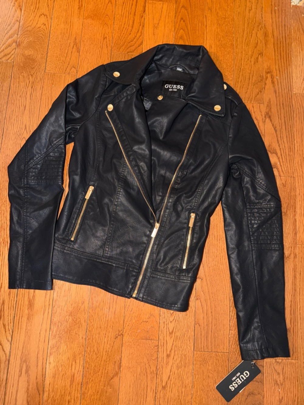 GUESS Black Faux Leather Moto Jacket with Gold Hardware